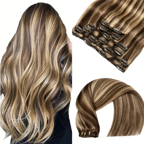 Miniatura 20 de VINBAO Extensiones de cabello humano con clip, balayage, color marrón ceniza a rubio caramelo, 14 pulgadas, 6 unidades, 3.53 onzas, 6