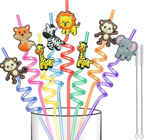 Suministros reutilizables para fiestas de cumpleaños de safari, 16 popotes de plástico de animales de la selva para adultos, decoración de fiesta de