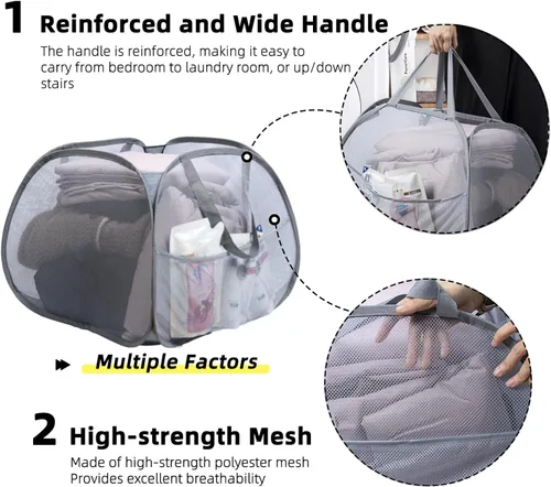 Miniatura 3 de Cesta plegable para la ropa sucia, 90 L, plegable, con asas, cesta cuadrada de malla para ropa sucia, para lavandería, baño, habitación de los Gris