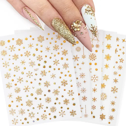 Miniatura 4 de 12 hojas de calcomanías de arte de uñas de copo de nieve de Navidad, suministros de uñas doradas, calcomanías de uñas de copo de nieve, copos