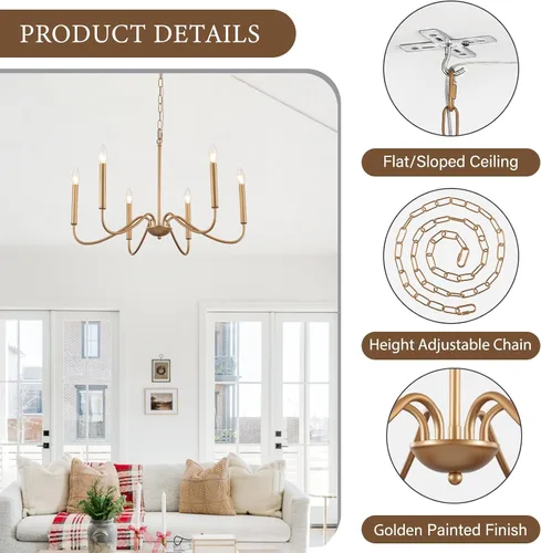 Miniatura 3 de Candelabro de 6 luces enchufables, lámpara colgante con cable de enchufe de 15.1 pies e interruptor, candelabros dorados enchufables para comedor