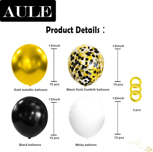Miniatura 2 de AULE Globos de látex metálicos dorados y blancos de alta calidad, paquete de 60 globos de confeti de 12 pulgadas y oro negro con cintas doradas