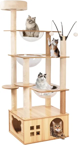 Árbol de madera para gatos de 66.8 pulgadas con condominio para gatos, escaleras para gatos, 3 cuencos, juguetes, postes rascadores de sisal y
