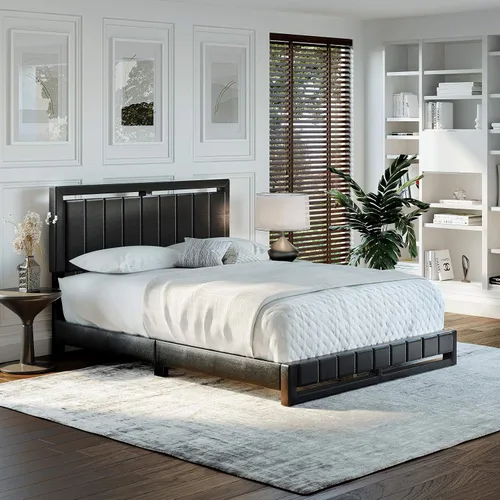 Boyd Sleep Beaumont - Cama de plataforma tapizada con cabecero, base de colchón con 14 soportes de listones de madera, no requiere somier, piel