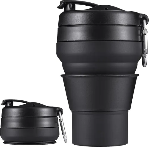 Miniatura 8 de Paquete de 2 tazas de café plegables de silicona de 16 onzas, 16.2 fl oz, a prueba de fugas, botella deportiva portátil con tapas para senderismo