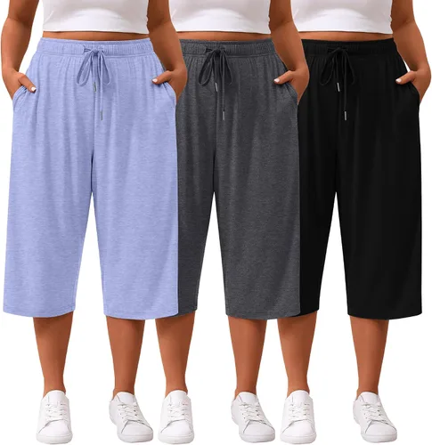 Miniatura 14 de Paquete de 3 pantalones capri de talla grande para mujer, ajuste holgado, pierna ancha, pantalones recortados para yoga, descanso, entrenamiento