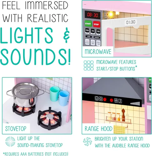 Miniatura 5 de Lil' Jumbl Cocina de madera para niños con fregadero de agua corriente real, juego de cocina interactivo con microondas, estufa, luces y sonidos Rosa