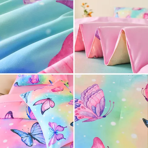 Miniatura 7 de Juego de edredón individual de 6 piezas para niñas, ropa de cama de mariposa rosa, juegos de edredón de mariposa con sábanas para niños