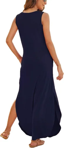 Miniatura 3 de Hount Vestido de verano casual sin mangas para mujer, largo, dividido, maxi con bolsillos