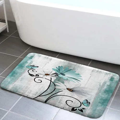 Miniatura 11 de Alfombra de Baño Rústica de Granja, Alfombra de Baño de Madera de Campo con Flores de Margaritas Moradas, Mariposas y Estilo Campestre, Alfombra