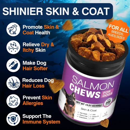 Miniatura 3 de Suplemento Omega 3 para la piel y el pelaje para perros, 200 masticables, suplementos de aceite de pescado para perros con ácidos grasos EPA y DHA