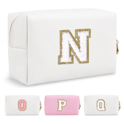 Miniatura 279 de Pequeña bolsa de maquillaje personalizada con inicial A-Z Preppy Patch, bolsa de cosméticos de viaje de felpilla blanca con cremallera, bonita bolsa