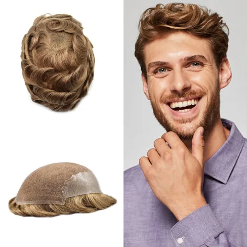 Miniatura 23 de Tupé para hombres 100% europeos unidades de cabello humano francés sistema de cabello de encaje con nudos blanqueados, línea capilar natural para #5