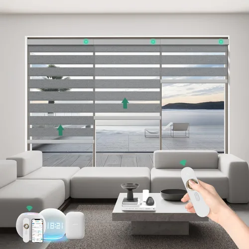Miniatura 16 de Persianas motorizadas de cebra con control remoto, funcionan con HomeKit Alexa, cortinas eléctricas automáticas para ventanas, 60% opacas, filtro