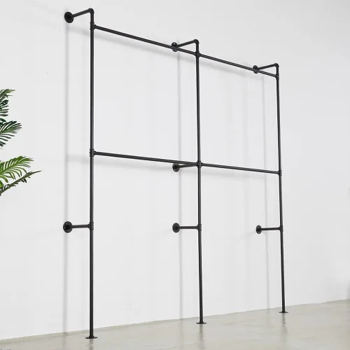Miniatura 6 de Perchero industrial para ropa de tubería resistente, doble barra de armario, barras de ropa para colgar ropa, montaje en la pared, sistema