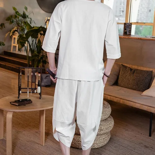 Miniatura 4 de Conjunto de 2 piezas de pantalones cortos de algodón y lino, conjuntos de chándal de manga corta con cuello en V y pantalones largos, ropa de playa