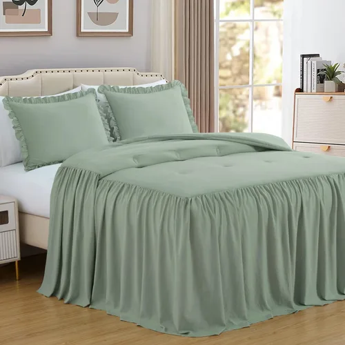 Miniatura 13 de Chezmoi Collection Sinclair - Juego de colcha de 3 piezas con falda con volantes, estilo campestre francés chic, tamaño King, color blanco