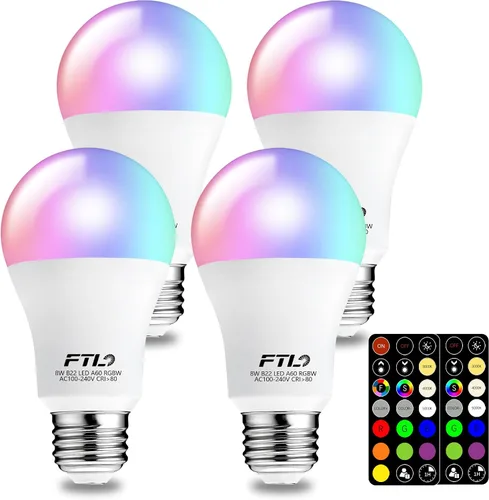 FTL Bombilla de luz que cambia de color con control remoto, A19 E26, bombillas LED RGB regulables de color 8 W equivalente a 60 W, 30 colores, 2700