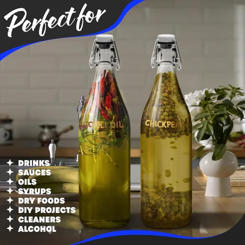 Miniatura 6 de Nevlers Botellas de vidrio con tapa abatible de 33 onzas con tapones, botella de vidrio abatible con tapa, paquete de 6 botellas resellables de 1