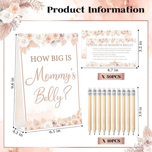 Miniatura 3 de 64 juegos de Guess Baby Shower incluyen How Big is Mommy's Belly Sign 50 tarjetas de adivinanzas, 10 lápices, 3 cintas métricas para medir