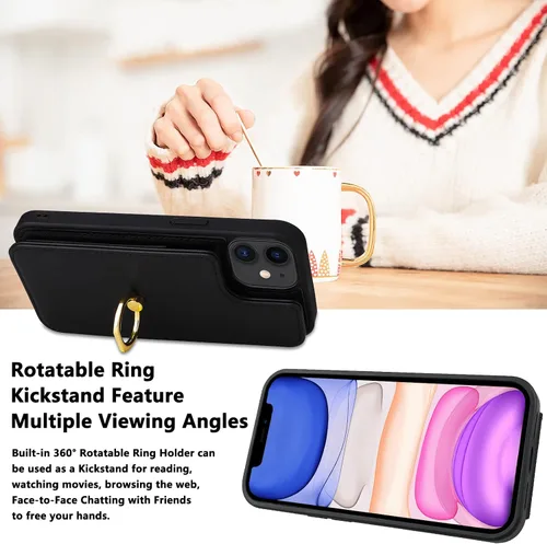 Miniatura 6 de Funda compatible con iPhone 11 con tarjetero y soporte para tarjetas, soporte de anillo de dedo de rotación de 360º, función atril, protección RFID