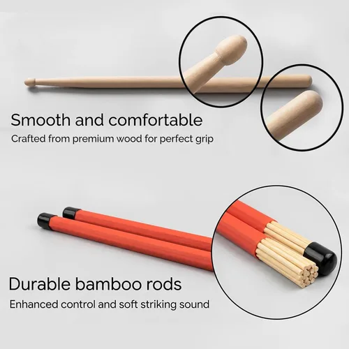Miniatura 2 de Tbrand Baquetas de tambor 1 par de baquetas de madera de arce 5A, 1 par de cepillos retráctiles para tambor y 1 par de cepillos de tambor