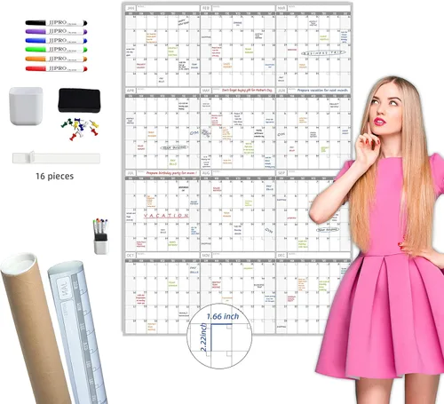 Miniatura 10 de Calendario de pared de borrado en seco, 38 x 26 pulgadas, calendario anual sin fecha en blanco, planificador laminado de alta calidad, calendario