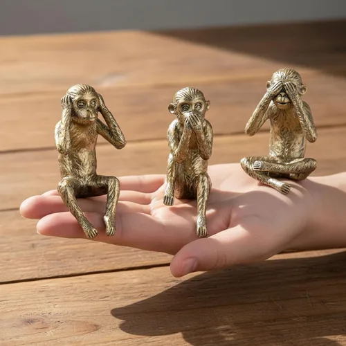 Miniatura 6 de Juego de estatuas de 3 monos sabios, figuras de See Hear Speak No Evil, estantes de resina dorada antigua, decoración de animales sentados