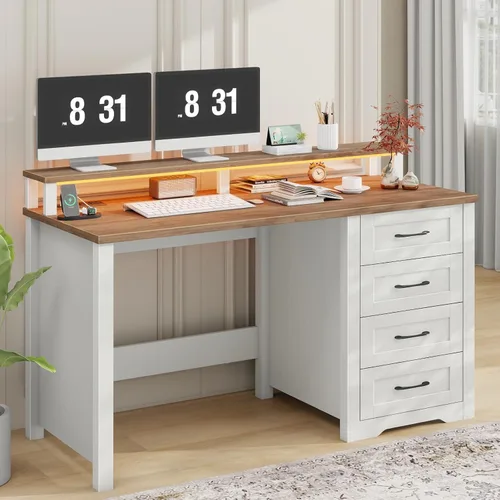 Miniatura 12 de Vabches 47" Farmhouse Executive Desk with Monitor Stand & File Cabinet,3 Drawers Computer Desk with LED Lights and Power Outlets,Workstation for