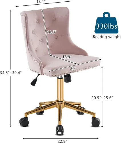 Miniatura 2 de VINGLI Silla de escritorio de terciopelo rosa claro sin brazos para oficina en casa con base dorada/ruedas, bonita silla de tocador y maquillaje
