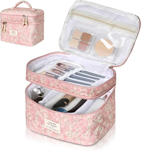 Miniatura 8 de Set de bolsas de maquillaje, bolsa de maquillaje acolchada, bolsa de cosméticos floral grande para mujeres, lindas bolsas de maquillaje de algodón