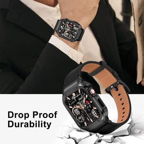 Miniatura 3 de SUPLINK Correa de cuero con funda de acero inoxidable para Apple Watch Ultra 3/2/1 y SE 3/2/1 y Series 11 10 9 8 7 6 5 4 3 2 1 1.929 in 1.811 in