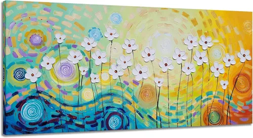 YHSKY ARTS - Pinturas de flores blancas al óleo con textura pintada a mano, lienzo moderno y colorido, arte de pared contemporáneo, imágenes