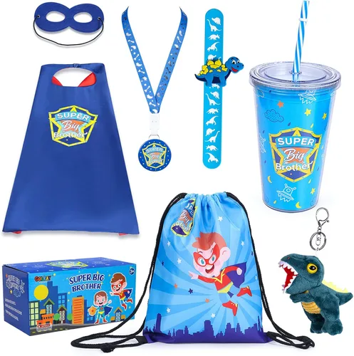 Golray Juego de regalos de Super Big Brother con capa de superhéroe, máscara de ojos de dinosaurio, collar y pulseras con cordón, llavero de felpa,