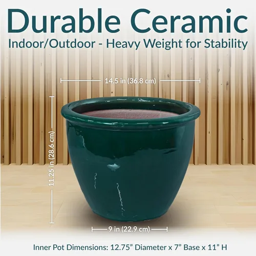Miniatura 5 de Sunnydaze Maceta grande de cerámica redonda - Maceta de planta exterior esmaltada con drenaje - Chalet - Verde oscuro - 14.5