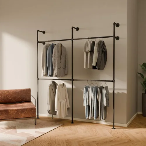 Miniatura 18 de pamo Perchero Industrial de Tubo Montado en la Pared – Sistema de Armario Negro en Acero con Recubrimiento en Polvo – 116.54" de ancho × 87.4