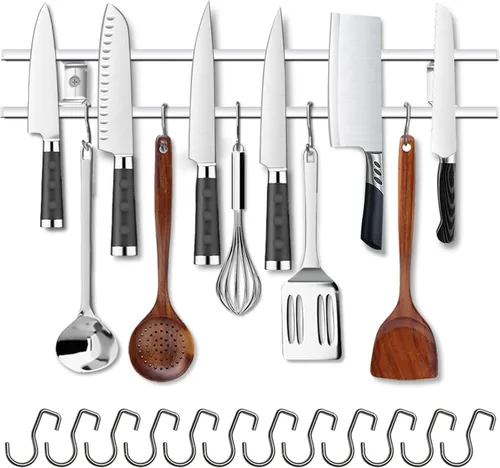 Miniatura 11 de YIIYIIN Soporte magnético para cuchillos de 18 pulgadas para montaje en pared, tiras magnéticas para cuchillos con 12 ganchos, acero inoxidable 304