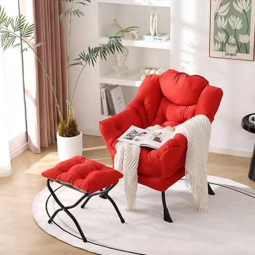Miniatura 2 de Welnow - Silla perezosa con otomana, moderna silla de descanso con reposabrazos y bolsillo lateral, juego de sillón tapizado de ocio, sillón de Rojo