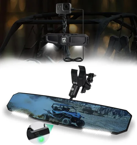 Miniatura 9 de Xprite Espejo retrovisor UTV de 13 pulgadas, espejo central SXS UTV con luces interiores, abrazadera de aluminio ajustable para montaje de 1.5 a 2