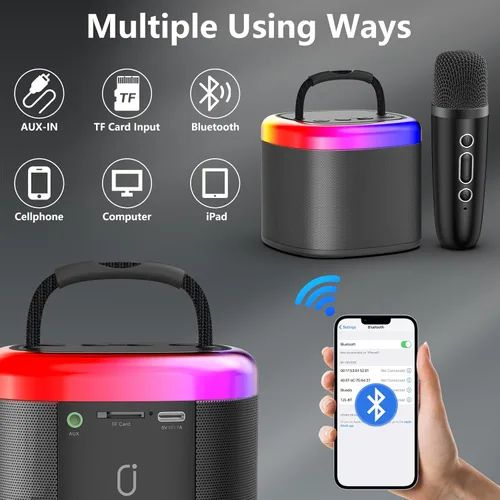 Miniatura 6 de JYX Mini Máquina de Karaoke para Niños, Altavoz de Karaoke Bluetooth Portátil con Gabinetes Sin Energía, 2 Micrófonos Inalámbricos y Luces de Fiesta