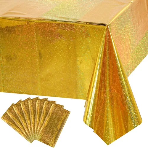 Miniatura 17 de Paquete de 8 manteles de plástico iridiscente brillantes desechables láser rectangulares, cubiertas de mesa de papel holográfico iridiscente, Rosa