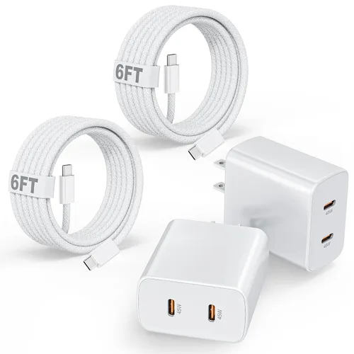 Miniatura 9 de Cargador súper rápido USB C de 45 W, paquete de 2 bloques de carga dual USB C para iPhone con cable trenzado tipo C a C de 3.3 pies de carga rápida