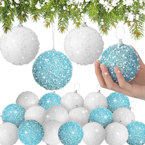 Miniatura 19 de Lyrow 24 piezas 3.15" Juego de adornos de bola de Navidad con purpurina, bola de espuma con lentejuelas colgante, decorativa, en masa, para árbol