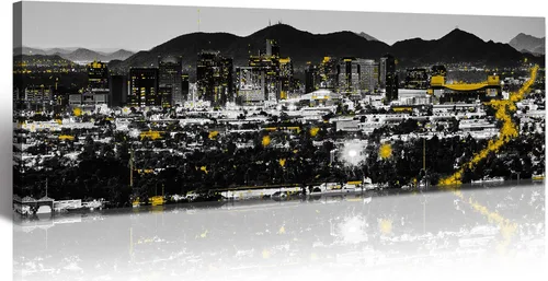 JiazuGo Phoenix Skyline Arte de Pared en Lienzo - Paisaje Urbano de Arizona Enmarcado (14x48 Pulgadas) Negro y Blanco con Amarillo, Decoración