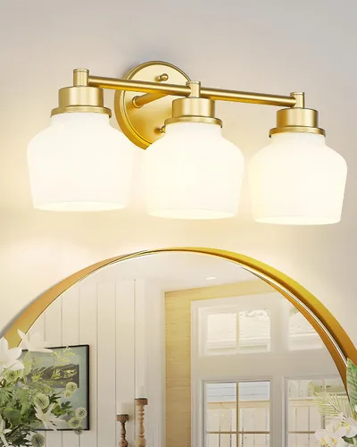Miniatura 7 de Lámpara de tocador dorada Emak con pantalla de vidrio lechoso, accesorios modernos de iluminación de baño sobre espejo, 3 luces de tocador de baño
