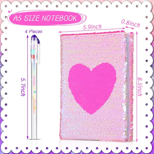 Miniatura 2 de Outus Diario de San Valentín con lentejuelas para niñas, 4 unidades, con bolígrafos de tinta de gel de color, cuaderno con purpurina, diario