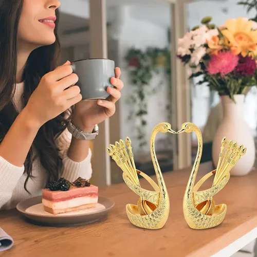 Miniatura 7 de Juego de cucharas de postre de café, soporte de base de cisne, organizador de cuchara con 6 cucharas para café, frutas, postres, mezcla, azúcar