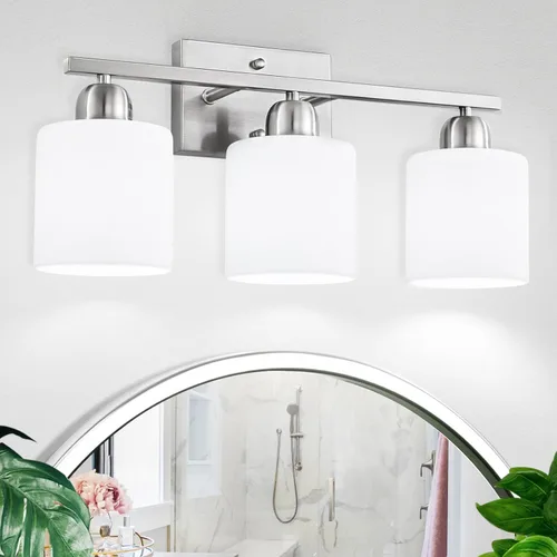 Miniatura 17 de Luz de baño de níquel cepillado, Luz de tocador de baño de 2 luces de níquel cepillado, Lámpara de tocador con pantallas de vidrio esmerilado blanco