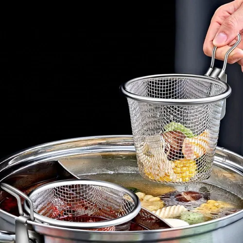 Miniatura 2 de Vctitil Cesta para freír de acero inoxidable, malla de alambre fino, colador de alimentos, pequeña sartén caliente, filtro de tamiz para albóndigas