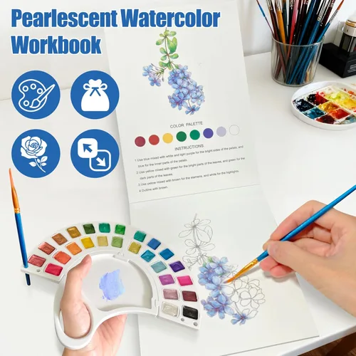 Miniatura 7 de Libro de trabajo de acuarela, libro para colorear al agua con 13 páginas de papel de 300 GSM, juego de pintura de acuarela de 26 colores con pincel